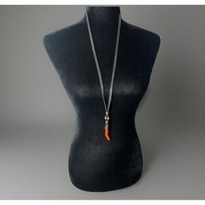 Vintage Red Coral Beaded  Boho Style With Leather Necklace